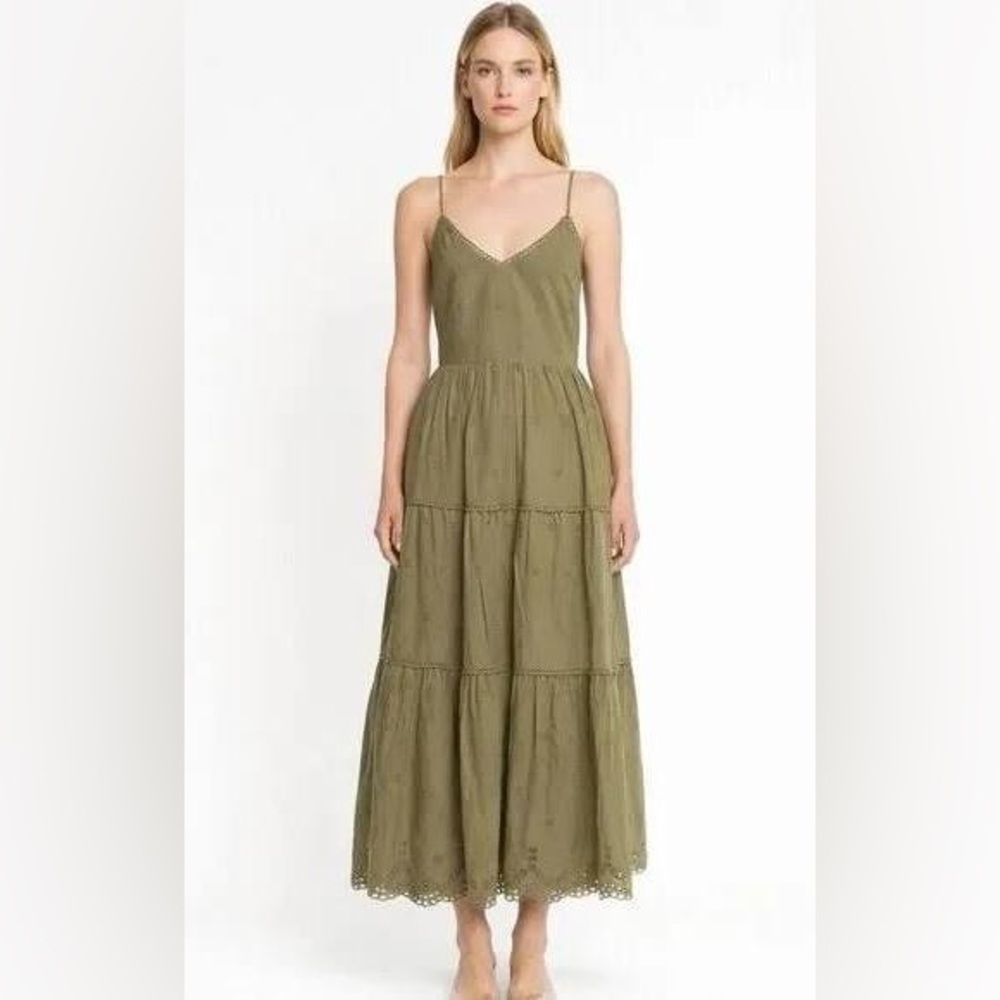 CAROLINE CONSTAS COTTON EYELET EMBROIDERED TIERED DRESS Green S